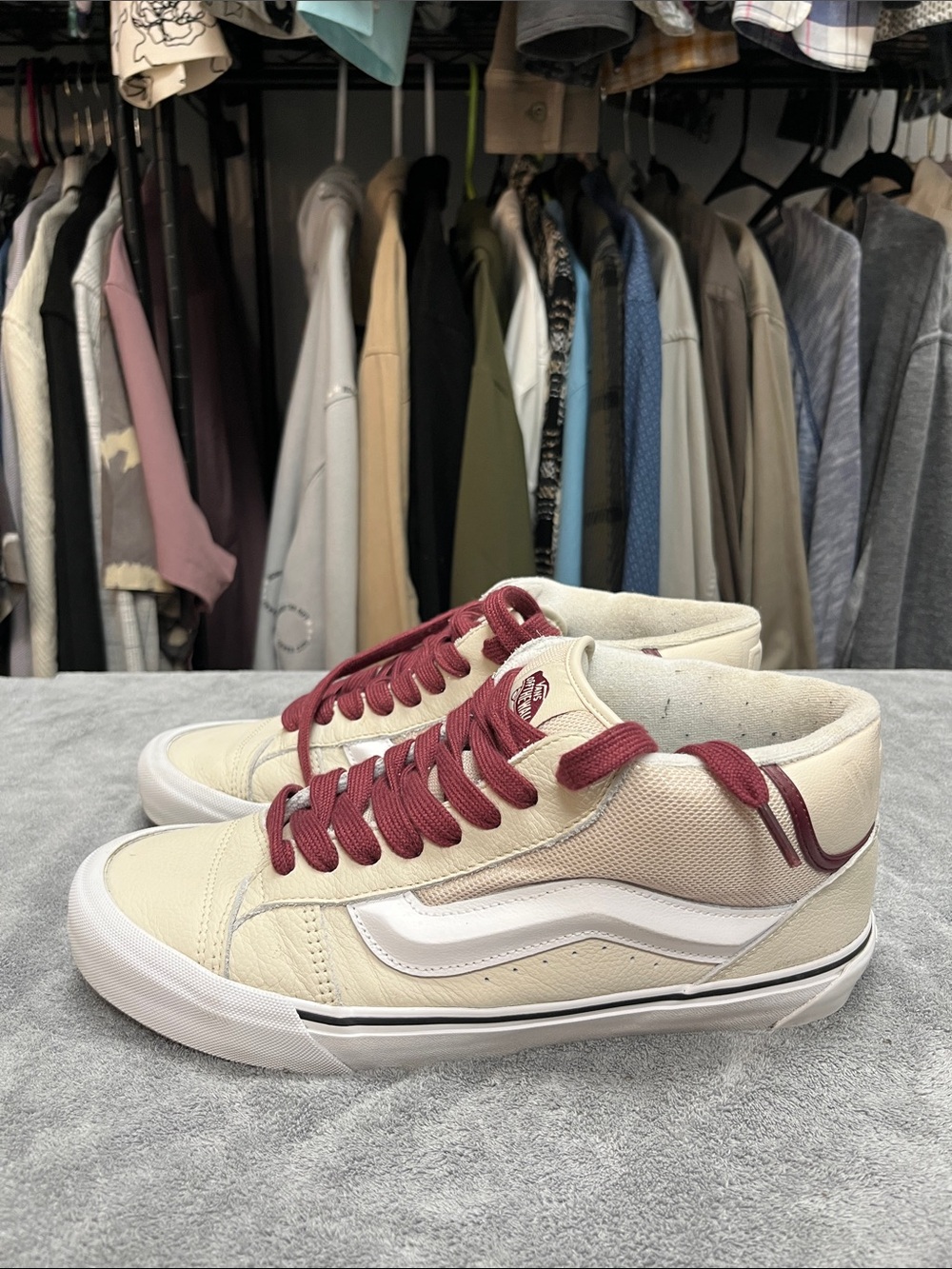 Vans Mid-Top Sneakers in Cream with Burgundy Laces